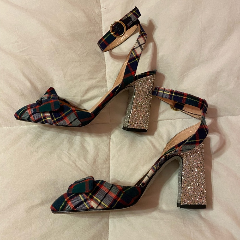 J Crew Vicky Tartan Plaid Ankle Strap Glitter Heel